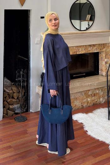 Lamelif Etekli Tesettür Takım Koyu Mavi