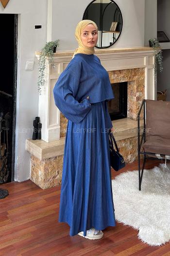 Lamelif Etekli Tesettür Takım Mavi