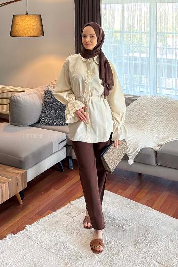 Beige Shirt Collar Long Arm Cotton Shirt