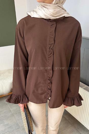 Bitter Brown Mandarin Collar Long Arm Poplin Fabric Unprinted Shirt