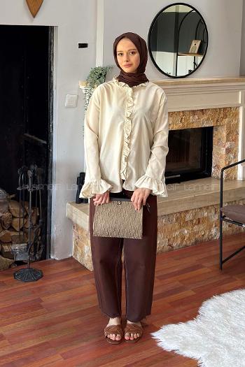 Beige Mandarin Collar Long Arm Poplin Fabric Unprinted Shirt