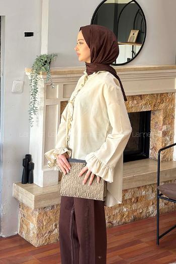 Beige Mandarin Collar Long Arm Poplin Fabric Unprinted Shirt