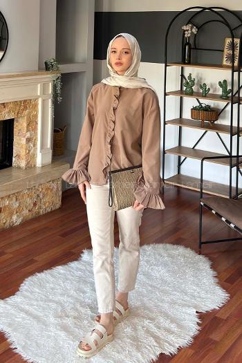 Soft Brown Mandarin Collar Long Arm Poplin Fabric Unprinted Shirt