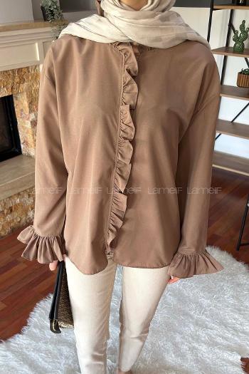 Soft Brown Mandarin Collar Long Arm Poplin Fabric Unprinted Shirt