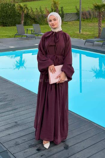 Lamelif Fular Yaka Bağlamalı Tesettür Elbise Mürdüm