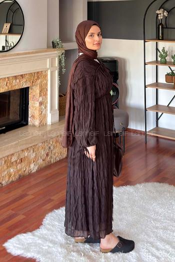 Lamelif Gofreli Bağcık Detaylı Tesettür Elbise Acı Kahve