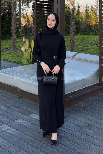 Lamelif Gold Toka Detaylı Drapeli Elbise Siyah