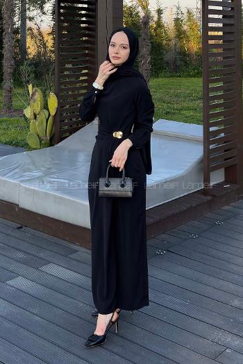 Lamelif Gold Toka Detaylı Drapeli Elbise Siyah