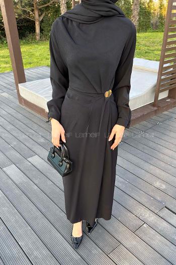 Lamelif Gold Toka Detaylı Drapeli Elbise Siyah