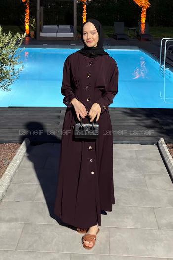 Lamelif Gömlek Yaka Belden Oturtmalı Elbise Mürdüm