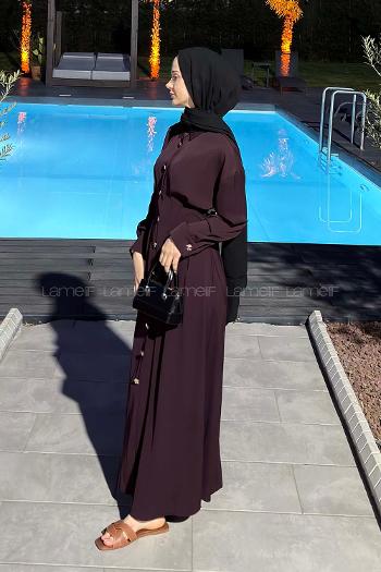 Lamelif Gömlek Yaka Belden Oturtmalı Elbise Mürdüm