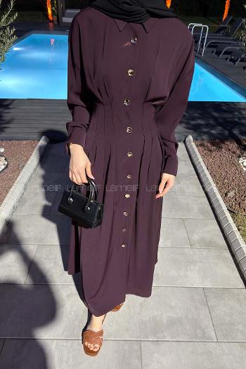 Lamelif Gömlek Yaka Belden Oturtmalı Elbise Mürdüm