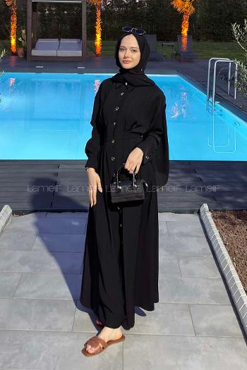 Black Shirt Collar Viscose Fabric Unprinted Dresess