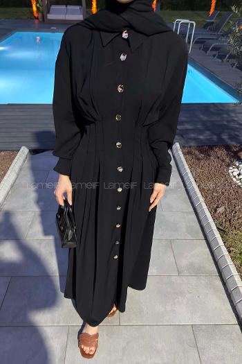 Black Shirt Collar Viscose Fabric Unprinted Dresess