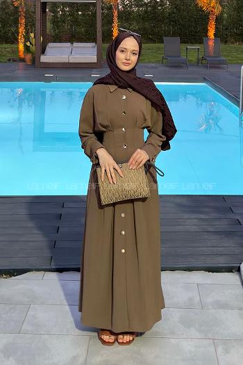Lamelif Gömlek Yaka Belden Oturtmalı Elbise Soft Kahve