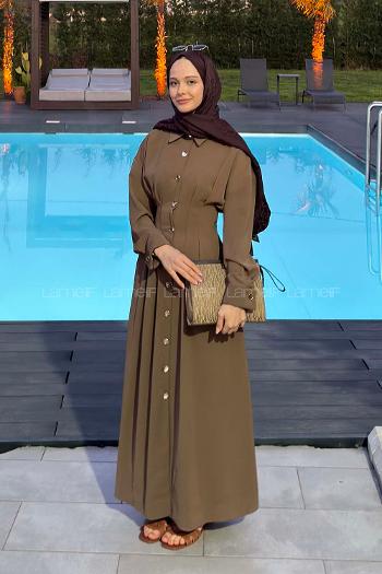 Lamelif Gömlek Yaka Belden Oturtmalı Elbise Soft Kahve