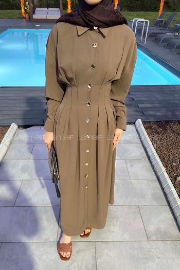 Lamelif Gömlek Yaka Belden Oturtmalı Elbise Soft Kahve