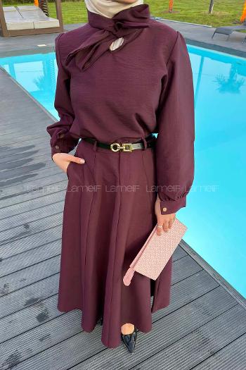 Lamelif Kravat Yaka Etekli Takım Mürdüm