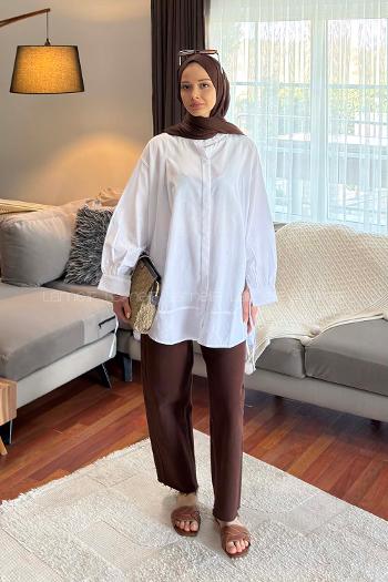Lamelif Manşeti Biyeli Tunik Beyaz