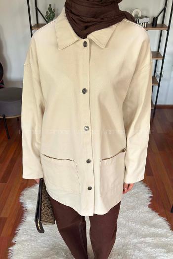 Beige Shirt Collar Long Arm Gabardin Jacket