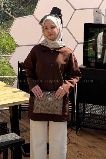 Lamelif Metal Düğme Kapama Oversize Ceket Kahverengi