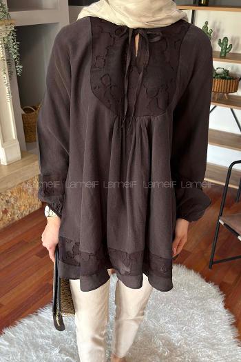 Lamelif Nakış İşlemeli Bağcıklı Tunik Koyu Kahverengi