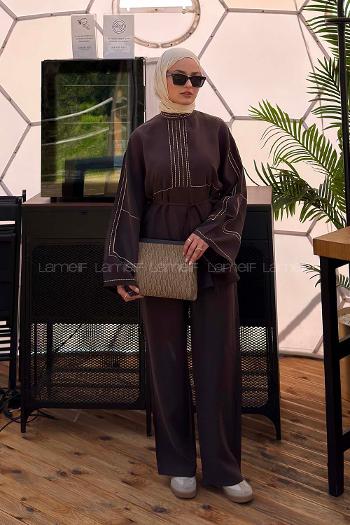 Lamelif Nakışlı Pantolonlu Takım Koyu Kahverengi