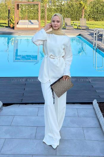 Lamelif Ön Kapama Detaylı Pantolonlu Takım Krem