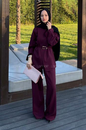 Lamelif Ön Kapama Detaylı Pantolonlu Takım Mürdüm