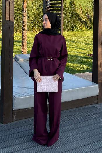 Lamelif Ön Kapama Detaylı Pantolonlu Takım Mürdüm