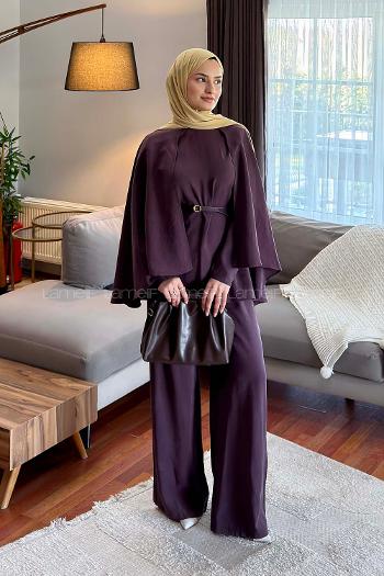 Lamelif Pelerinli Pantolonlu Takım Mürdüm