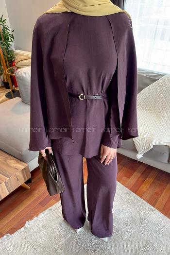 Lamelif Pelerinli Pantolonlu Takım Mürdüm