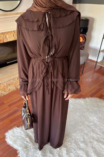 Lamelif Volan Detaylı Şifon Pantolonlu Takım Acı Kahve