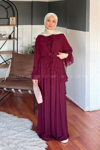 Lamelif Volan Detaylı Şifon Pantolonlu Takım Bordo