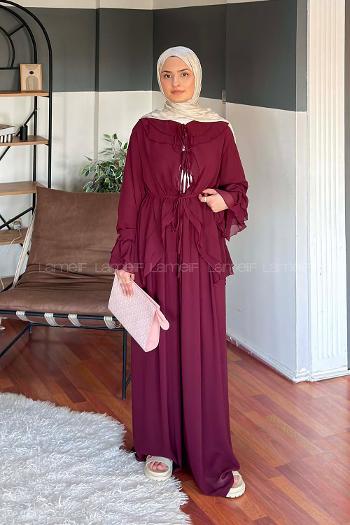 Lamelif Volan Detaylı Şifon Pantolonlu Takım Bordo