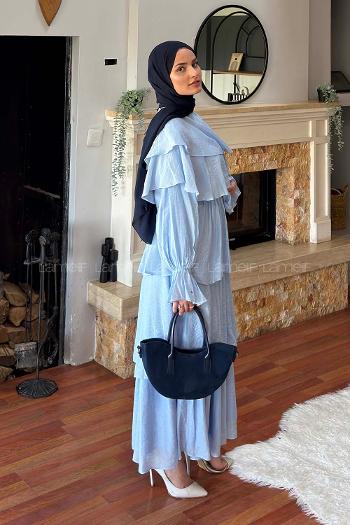 Lamelif Volanlı Bağlamalı Tesettür Elbise Bebe Mavisi