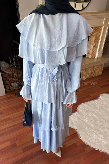 Lamelif Volanlı Bağlamalı Tesettür Elbise Bebe Mavisi