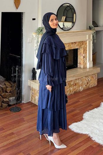 Lamelif Volanlı Bağlamalı Tesettür Elbise Lacivert