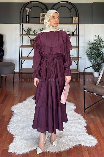 Lamelif Volanlı Bağlamalı Tesettür Elbise Mürdüm