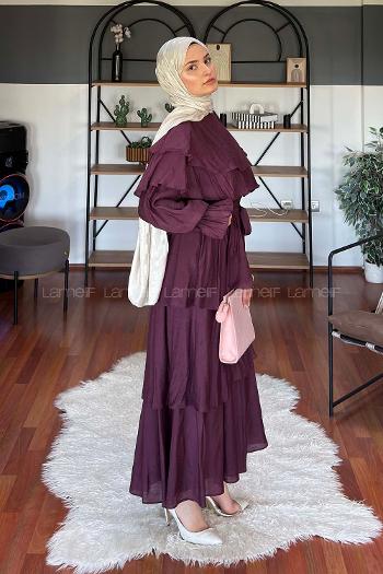 Lamelif Volanlı Bağlamalı Tesettür Elbise Mürdüm