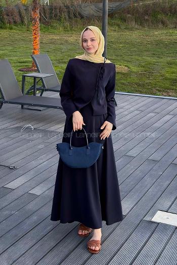 Lamelif Yaka Bağlama Detaylı Ceket-Etek Takım Lacivert