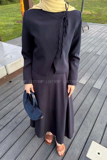 Lamelif Yaka Bağlama Detaylı Ceket-Etek Takım Lacivert