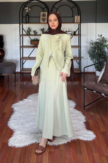 Lamelif Yaka Bağlama Detaylı Ceket-Etek Takım Mint Yeşili