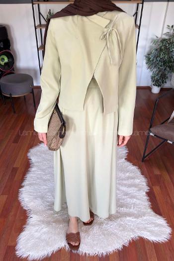 Lamelif Yaka Bağlama Detaylı Ceket-Etek Takım Mint Yeşili