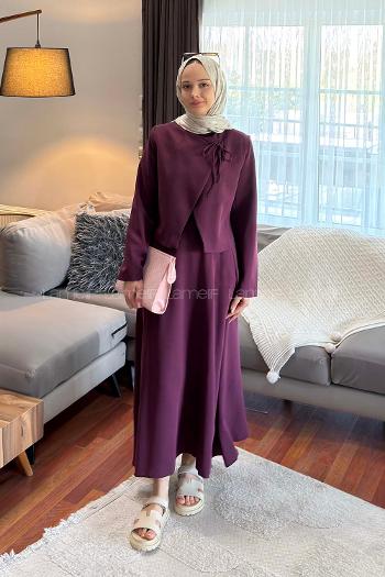 Lamelif Yaka Bağlama Detaylı Ceket-Etek Takım Mürdüm