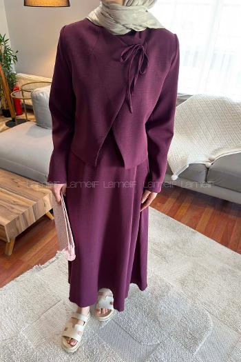 Lamelif Yaka Bağlama Detaylı Ceket-Etek Takım Mürdüm