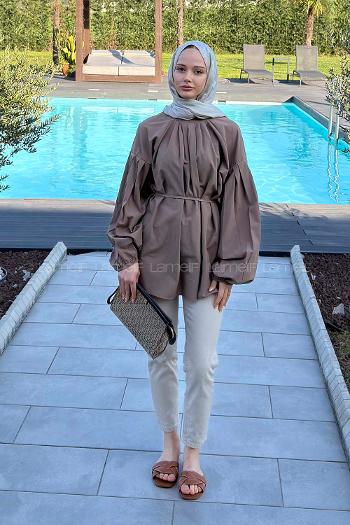 Soft Brown Turtle Neck Long Arm Poplin Fabric Shirt