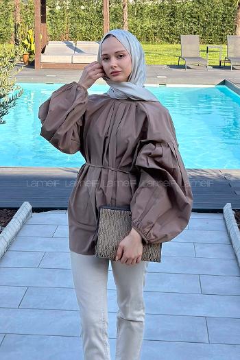 Soft Brown Turtle Neck Long Arm Poplin Fabric Shirt