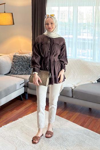 Lamelif Yaka ve Bel Bağlama Detaylı Tunik Acı Kahve