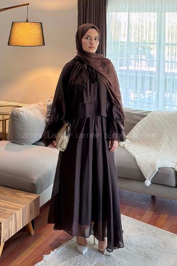 Lamelif Yakası Bağlama Detaylı Etekli Takım Acı Kahve